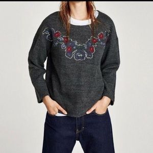 ZARA Floral Embroidered Sequin Sweater Top Gray Size Small